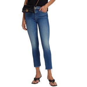 MOTHER Mid-Blue Cropped Raw-Hem Jeans